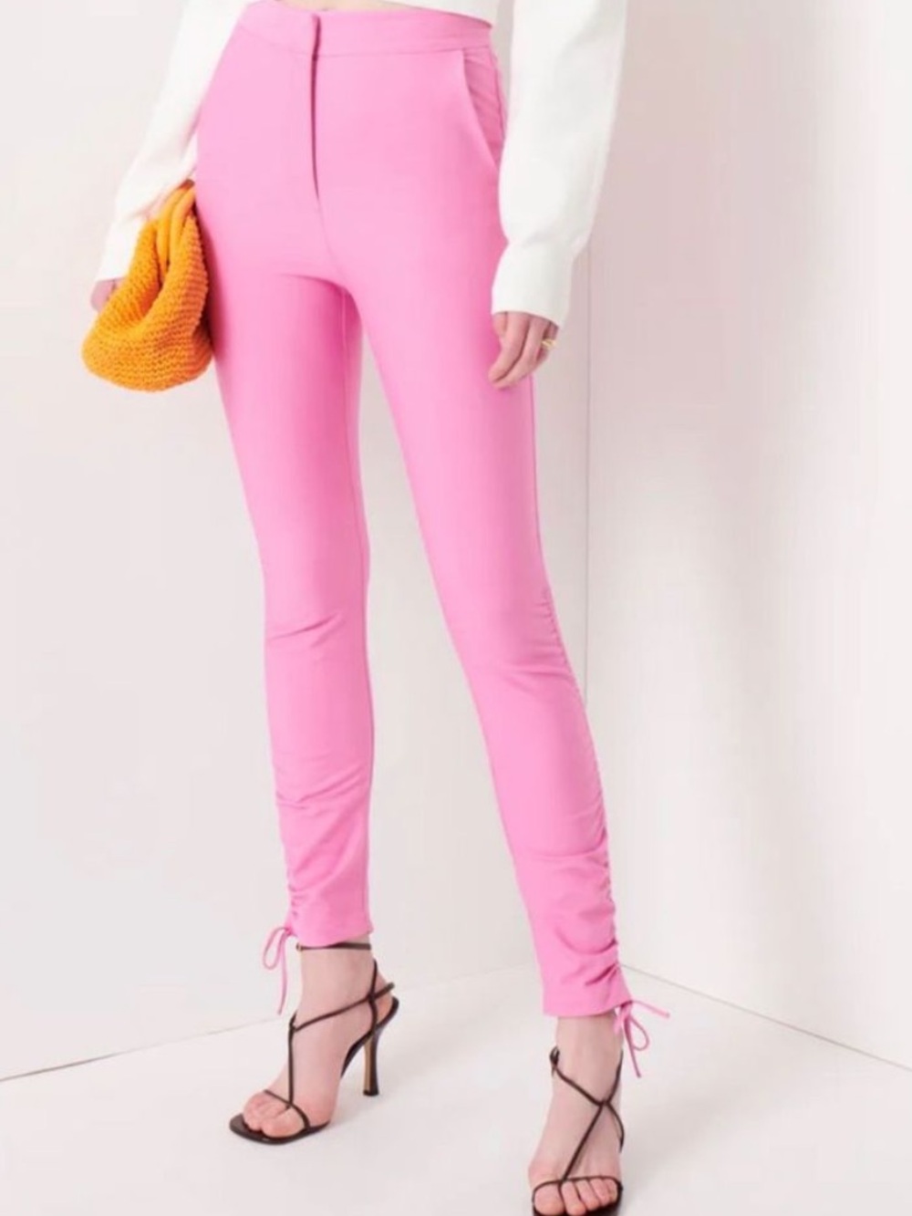 High-Rise Pink Skinny Ponte Pants with Ankle Tie